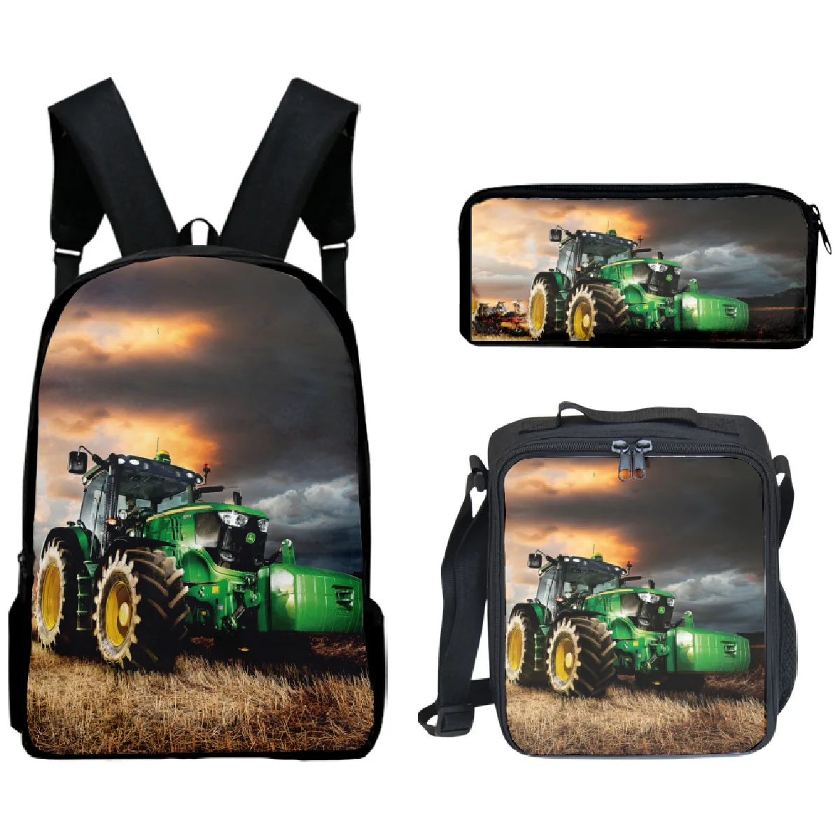 3pcs/Set 3D Print Farming Trendy Tractor Pattern Backpack Primary Middle School Studens Boys Girls Schoolbag Lunch Bag Pen Case