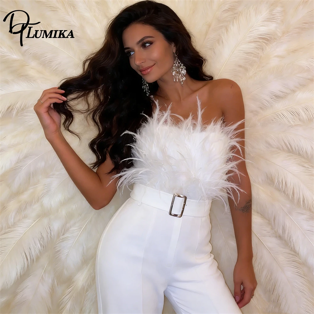 

Ladies White Feather Strapless Jumpsuit Wide-Leg Belted Waist Formal Club Party Trendy Sexy Chic Evening Outfit