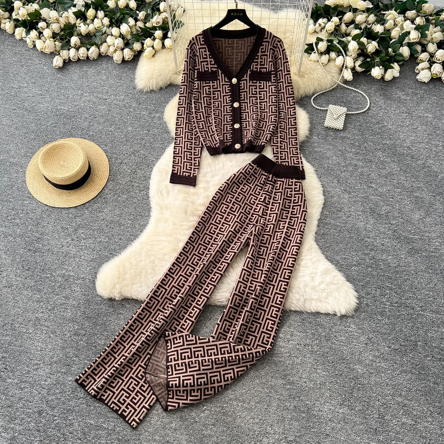 Two Pieces Women Knitted Pant Set Geo Print V Neck Single Breasted Cardigan Empire Waist Wide Leg Pants Loose Casual 2025 Autumn