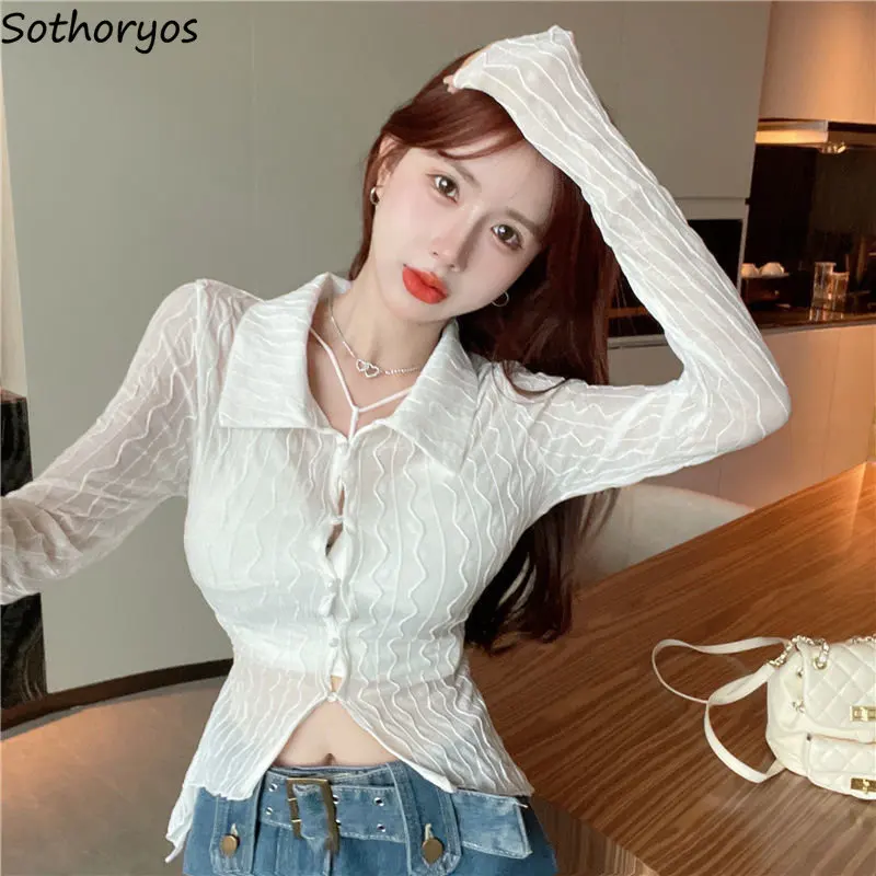 

Cardigans Women Sexy Vintage Aesthetic European Style Mujer Cropped Clothes Slim Trendy Turn-down Collar Tender All-match Summer