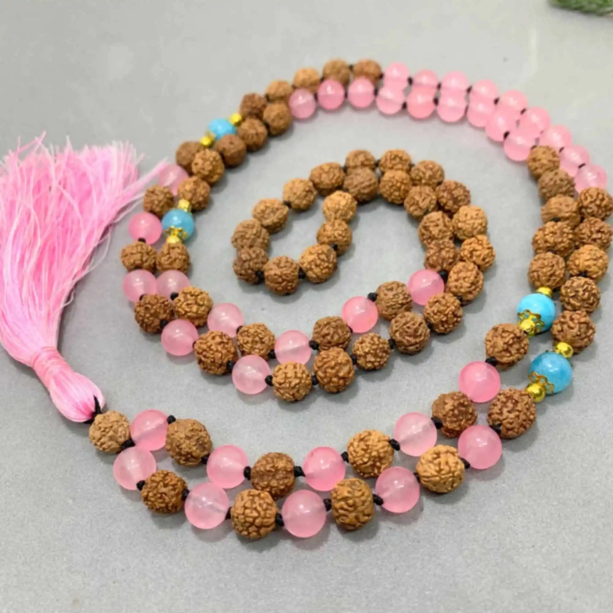 

8mm Natural knot Rudraksha rose quartz aquamarine beads necklace Bless Chakra Chain Christmas Glowing Thanksgiving Day Classic