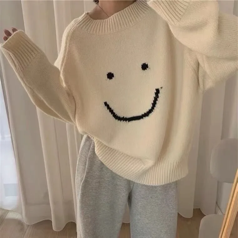 Smiley Knitted Sweater Women Kawaii Harajuku Pullover Autumn Winter Long Sleeve Casual White Jumper Korean Vintage Oversized