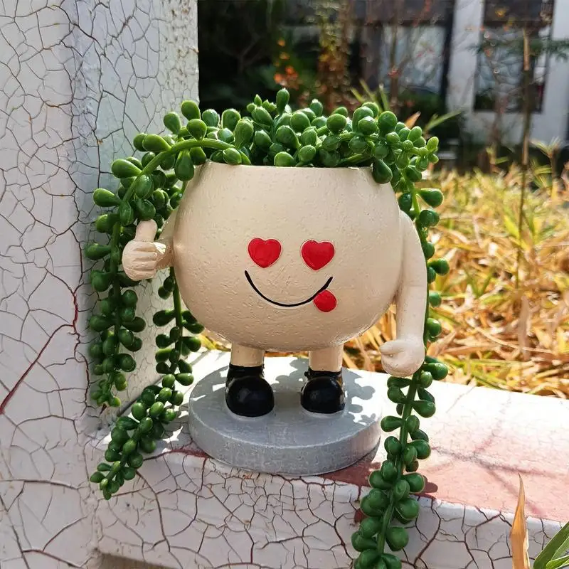 Happy Face Planter Thumb-up Smile Resin Flower Planter Lovely Decorative Flower Planter With Drainage Hole For String Of Pearls