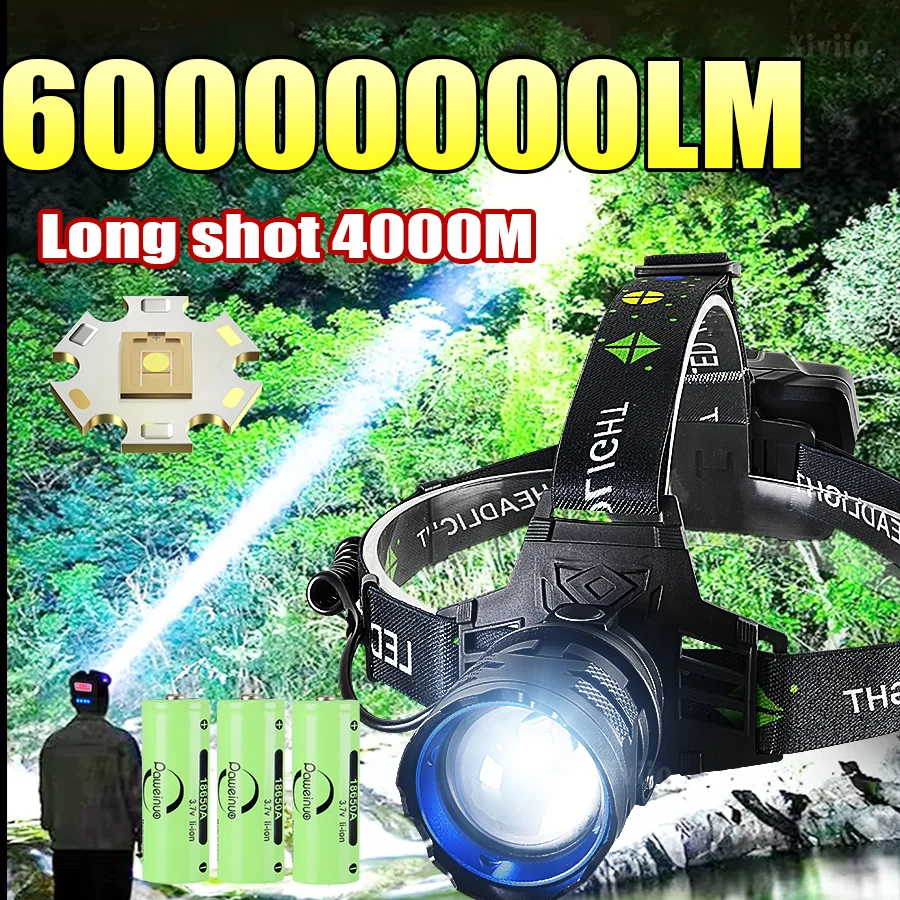 

60000000LM Most Powerful LED Headlight Super Bright 4000M Headlamp Rechargeable Head Torch Outdoor Camping Head Lantern 18650
