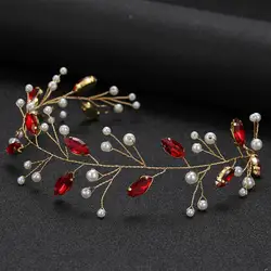 Trendy Rhinestoen Wedding Handband Red Handmade Pearl Bridal Headpiece Hair Accessories Blue Party Headdress Tiaras