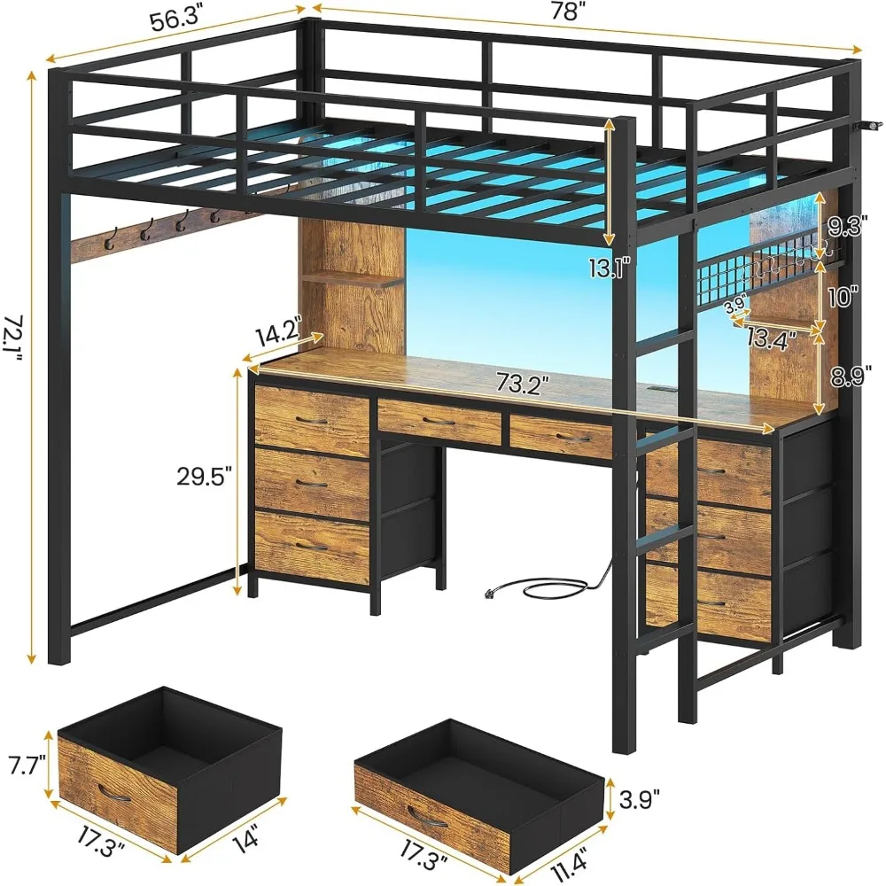 Full Size Loft Bed with Desk and 8 Storage Drawers, Metal Loft Bed Full with LED Lights & Charging Station, LED Loft Bed