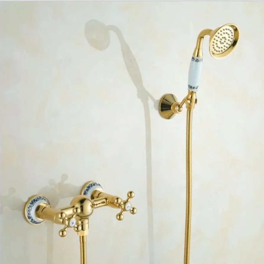 

gold Brass Bath Faucets Wall Mounted Bathroom Basin Mixer Tap Crane With Hand Shower Head Bath & Shower Faucet