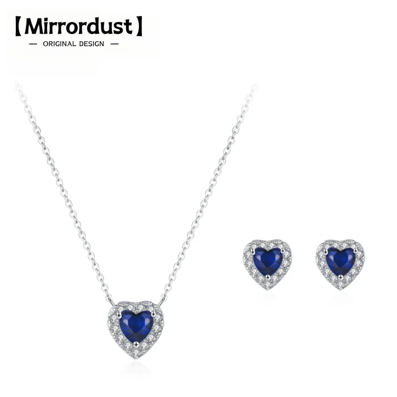 

【Mirrordust】Винтаж S925, серебряные, синие серьги в форме сердца океана, ожерелье, женский милый модный комплект ювелирных изделий в романтическом стиле с сердечком любви