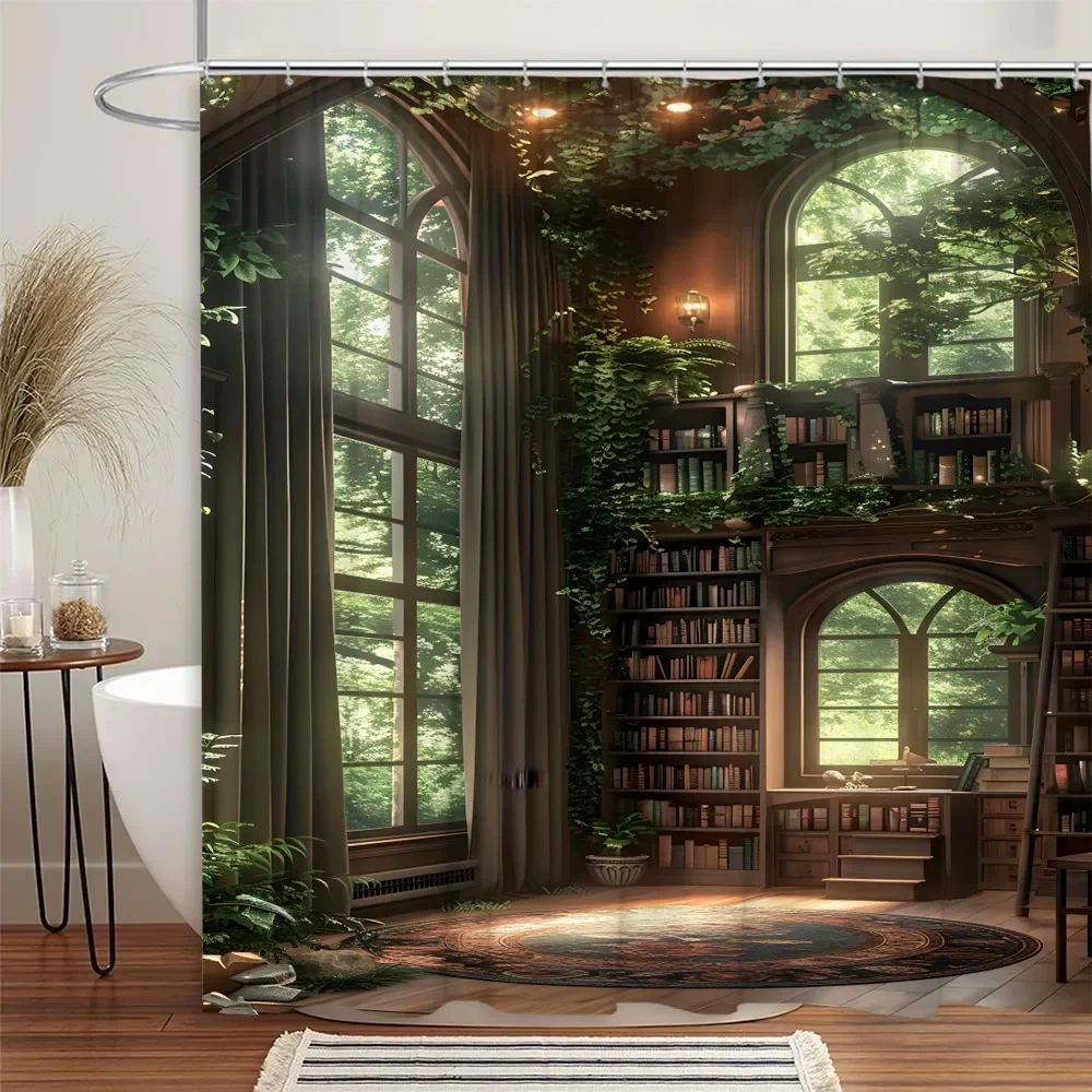 Library Shower Curtain Vintage Medieval Books Bookshelf Cat Dog Leaves Magic Gothic Polyester Fabric Bathroom Decorative Curtain