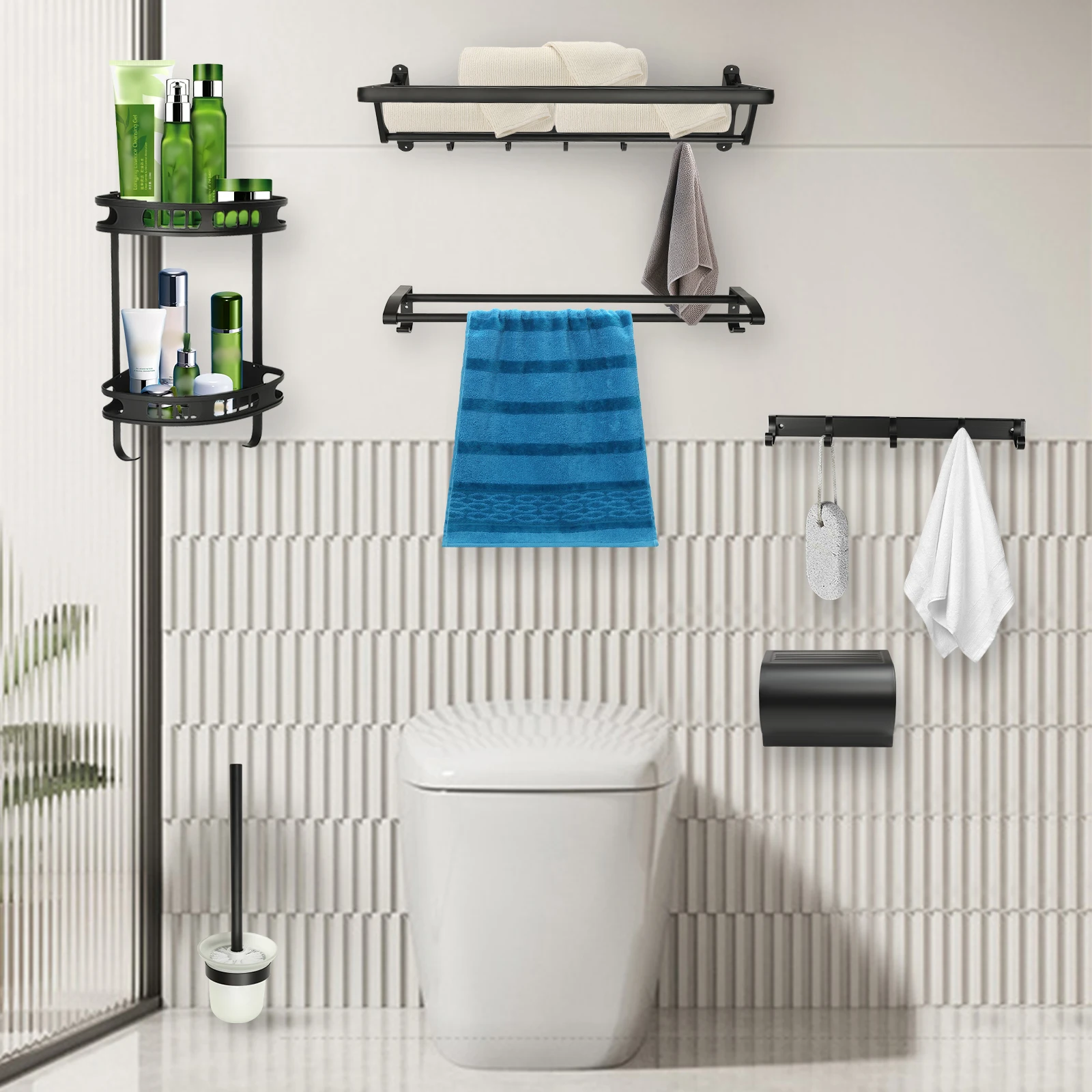 6 Pieces Black Bathroom Accessories Set –  Wall Mounted Towel Shelf with Towel Bar