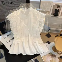 Solid Lace Shirts for Women Flying Sleeve Patchwork Korean Style Fashion Simple Leisure All-match Sweet Designer Summer Female