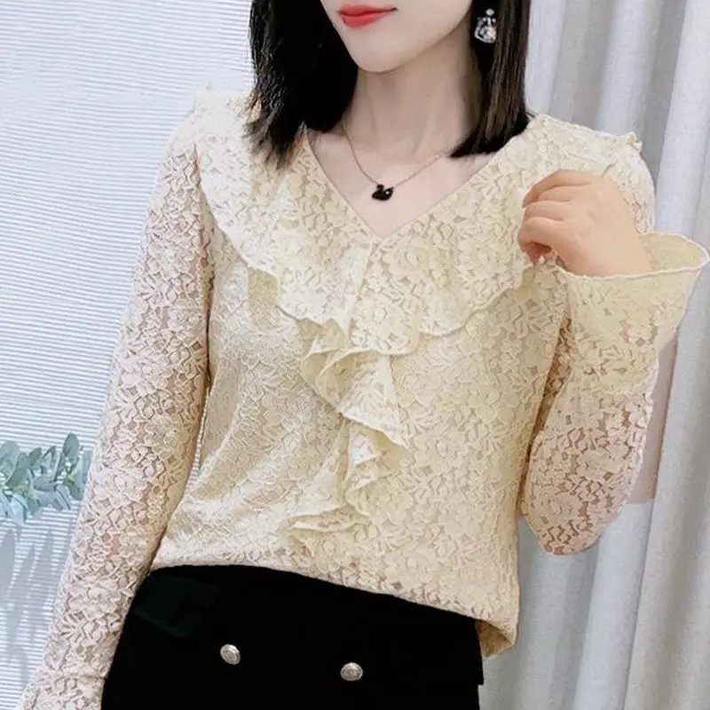 Sexy Floral Lace Hollow Out Blouse Female Clothing Stylish Ruffles Spliced Spring Autumn Casual Long Sleeve Elegant V-Neck Shirt