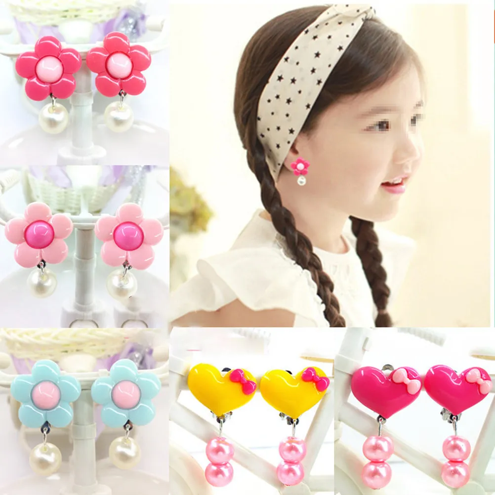 

5Pairs Ear Clips Clip on Earrings Non Piercing Flower Heart Design Bright Adorable Princess Style Dress Up Party