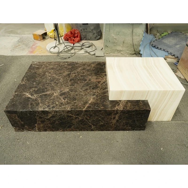Mesa de Centro de Mármol Emperador Oscuro para Sala de Estar, Decorada con Mink Blanco, Estilo Cubo Clásico Moderno