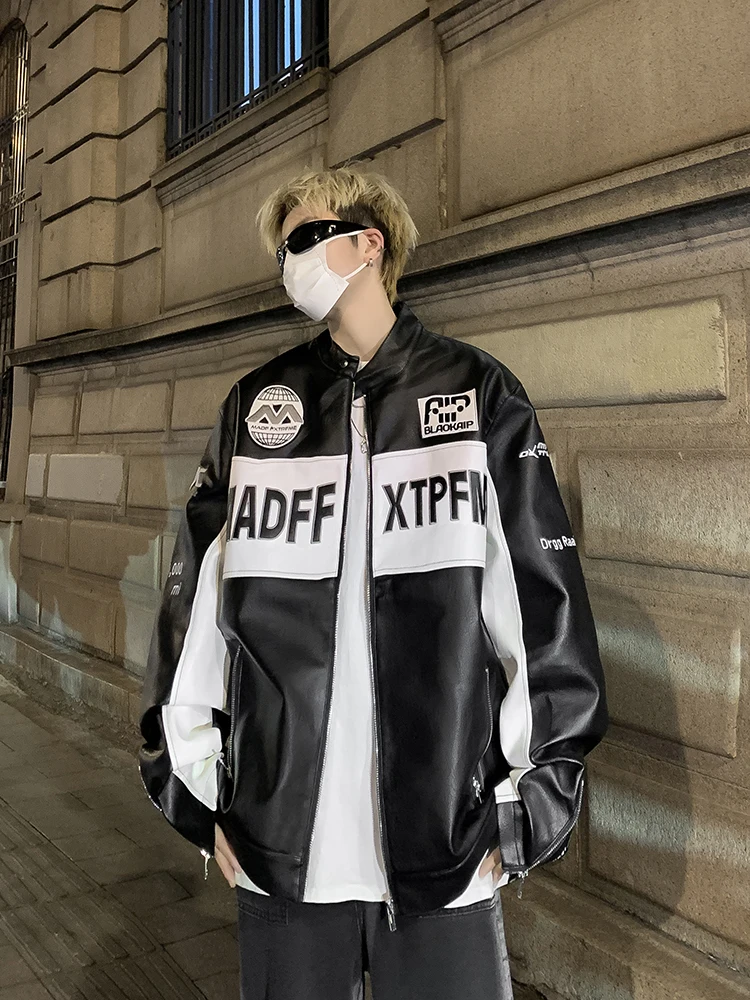 

American Retro Hip Hop Color Blo PU Leather Jaet Men's Trendy High Street Pilot Outerwear Motorcycle Clothes