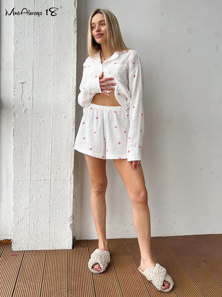 Mnealways18 Printing Heart-Shaped Cotton Shorts Suits Homewear Drop Shoulder Shirts And Wide Legs Casual Shorts Outfits 2 Pieces