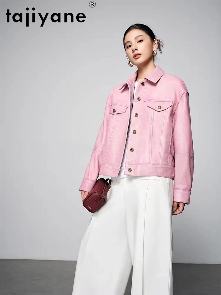 TAJIYANE Echte Schaffell Leder Jacke Frau Kurze Rosa Retro Mantel Echtes Leder Jacken 2025, Herbst Frauen Kleidung Ettка