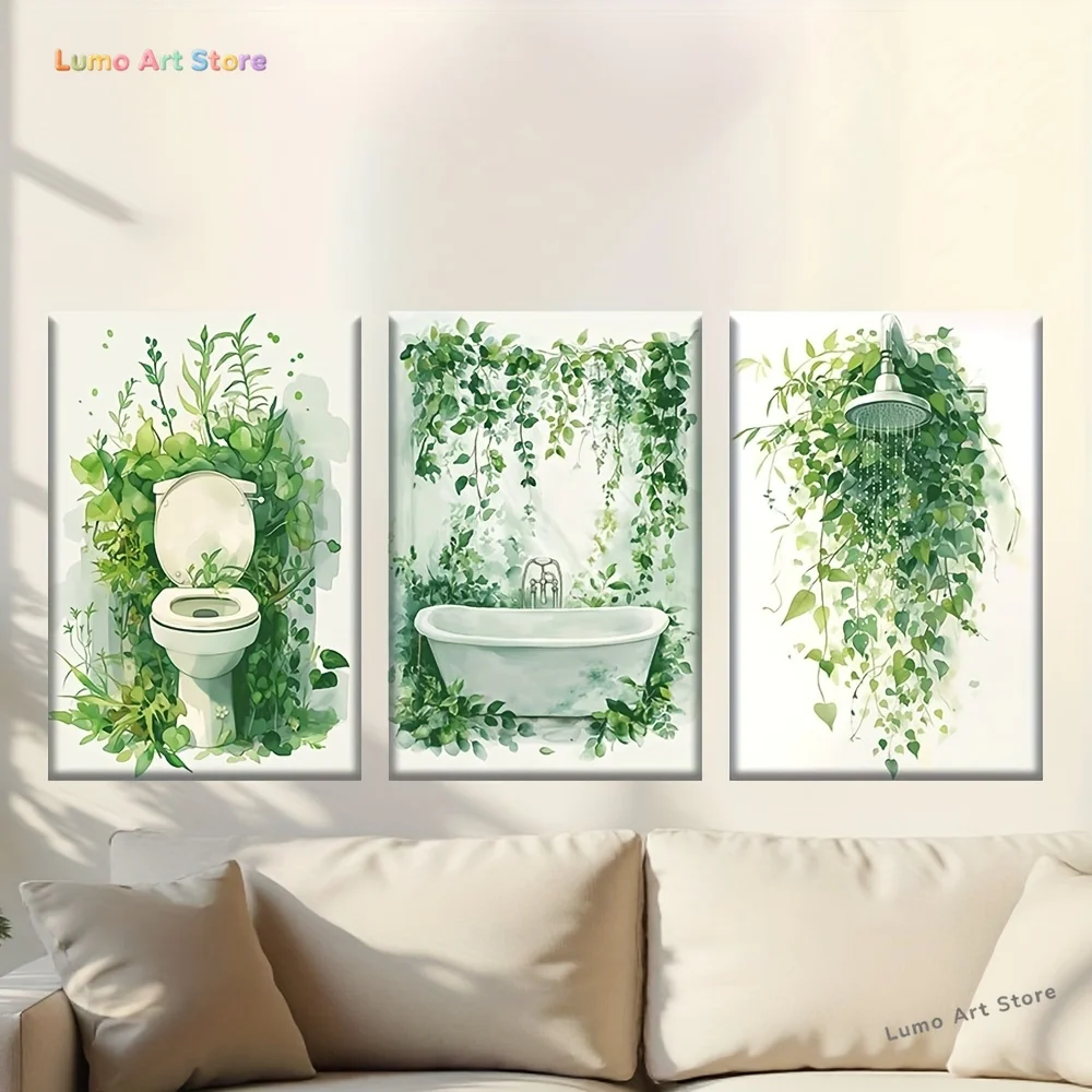 3pcs/set, Canvas painting--Unframed, Toilet, bathtub, shower in bathroom, Artist's drawing, library, office, living room, bar