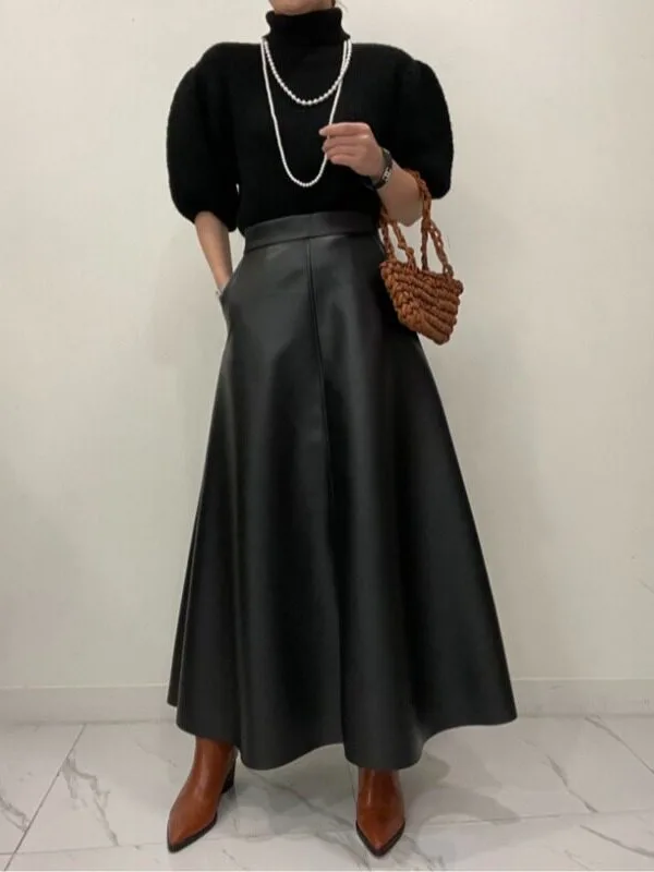 Chic High Waist A-Line Long Skirt Women's Fashionable Versatile PU Leather Skirt Spring Autumn Winter Seasonal Elegant Skirt