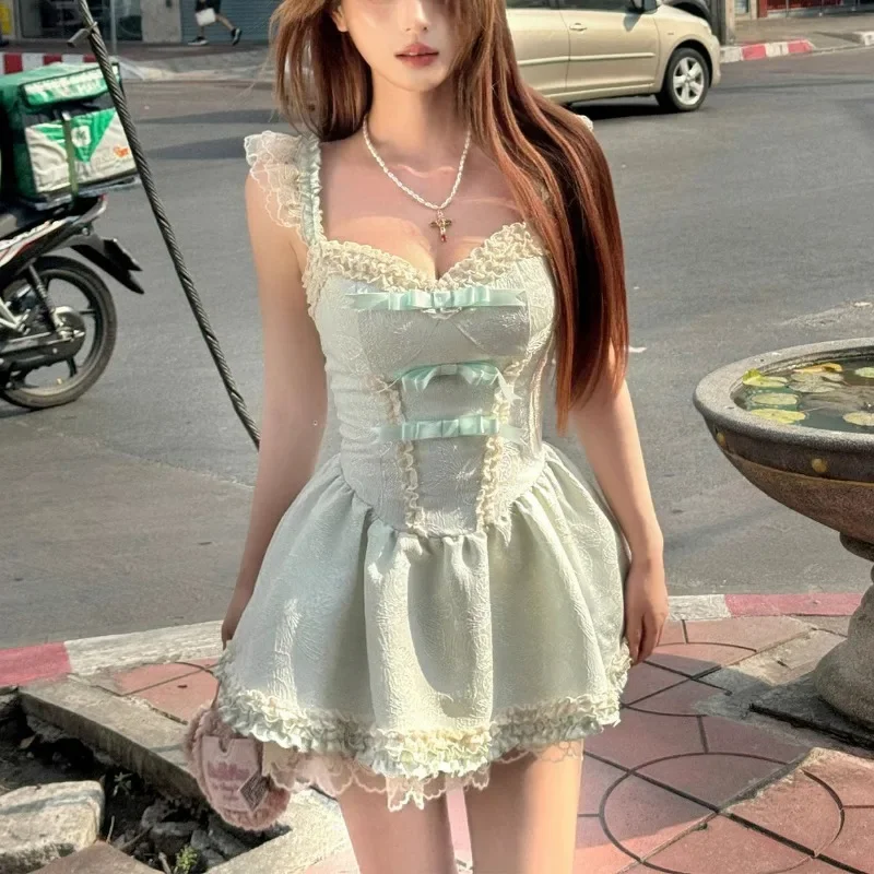 Letnia Zielona Koronkowa Sukienka na Ramiączkach Damska Szyfonowa Codzienna Sukienka Mini na Imprezę Damska Codzienna Sukienka Modna Wyszukana Wyszczuplająca Sukienka Nowość 2025