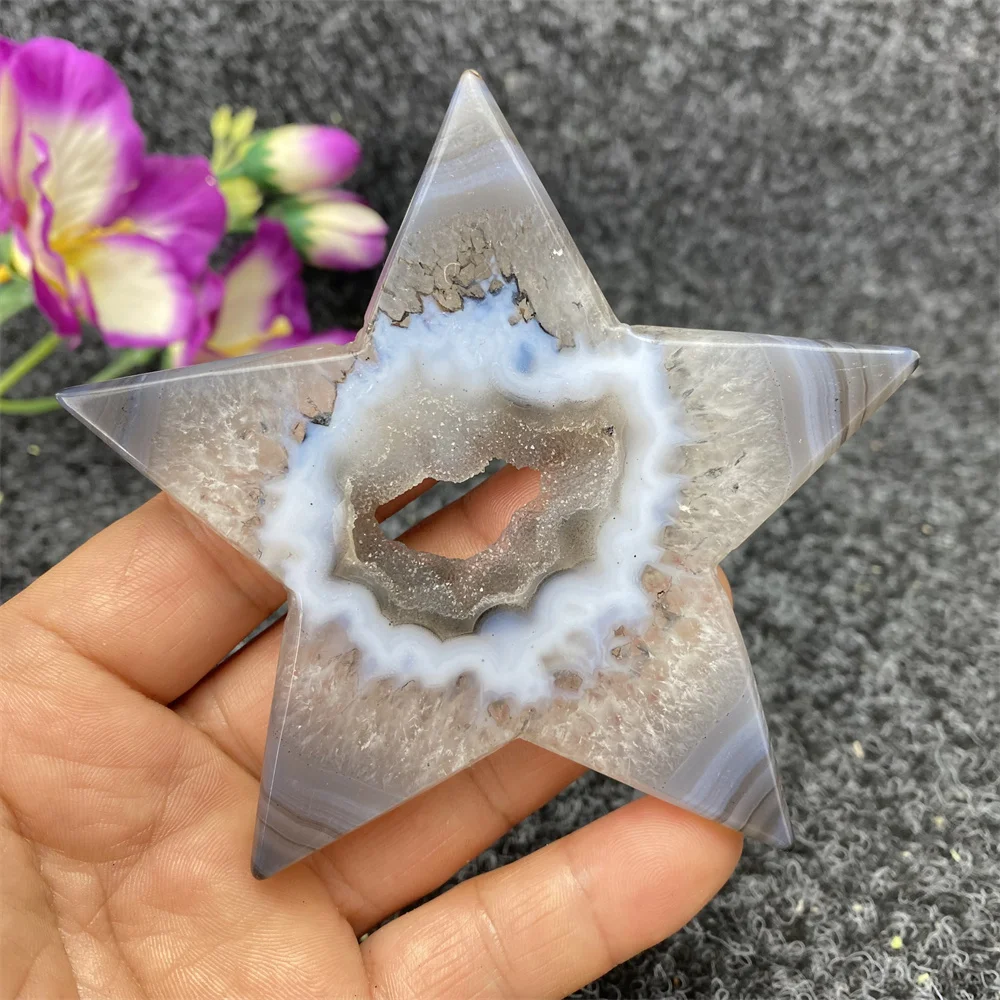 1PC Hand Engraved Natural Crystal Agate Five-Pointed Star Healing Stone Unique Home Decor Gift Display Home Decoration
