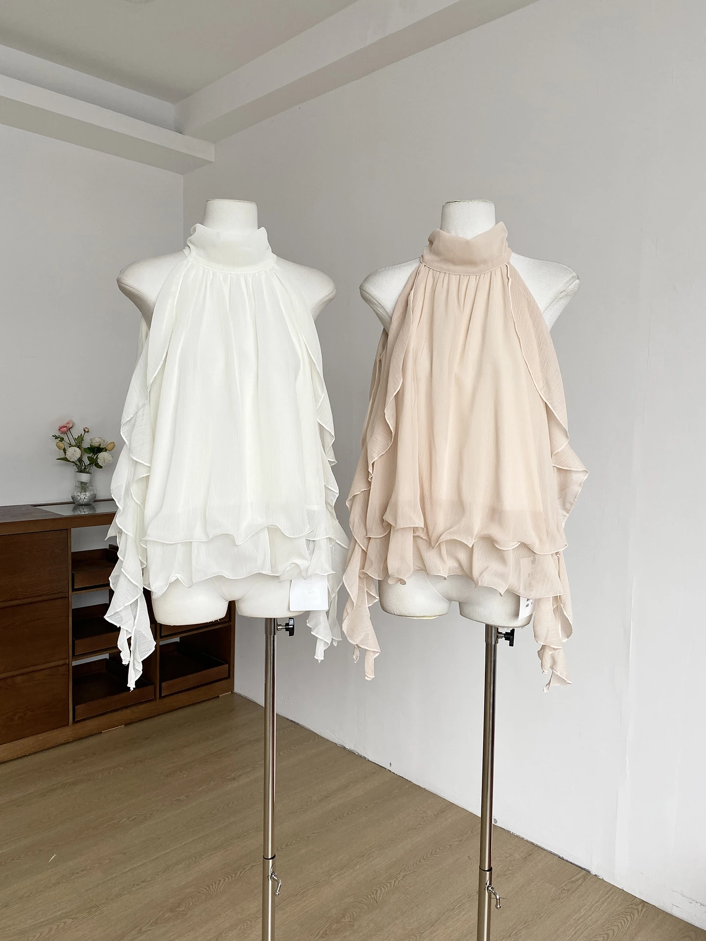 DIYI Gentle Mist Women's Off-Shoulder Chiffon Top Neck Hanging Summer Wave Skirt Bottoming Soft Fish Thread Wave Hemline