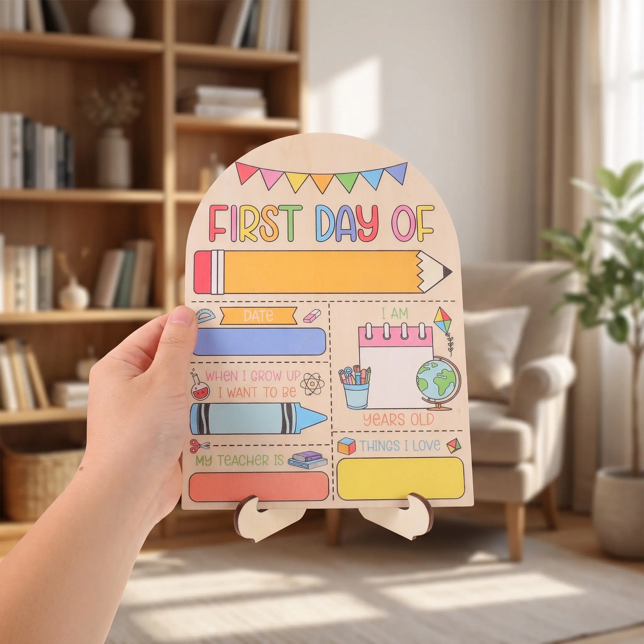 Wooden First Day Sign Boho Style Dry Erase School Board Reusable Kindergarten Memory Chalkboard Back to School Photo Prop
