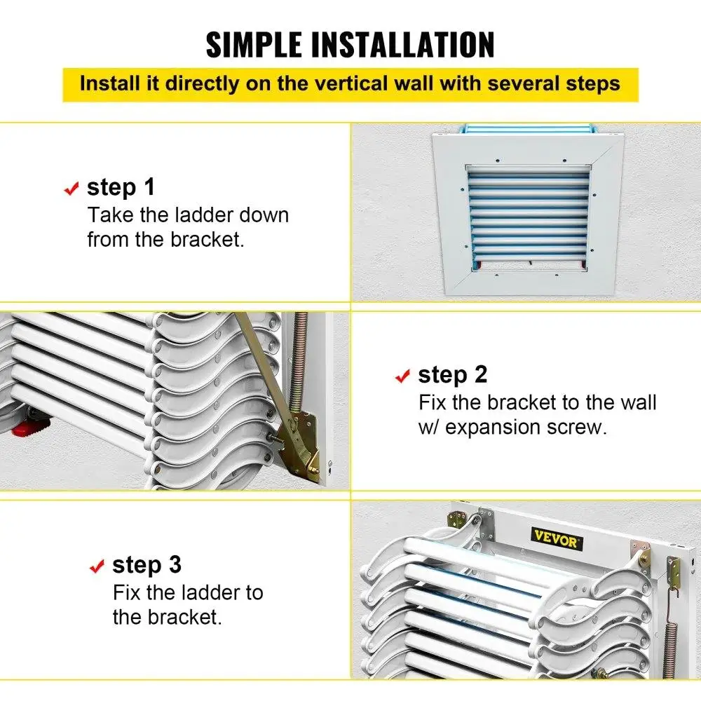 접이식 벽걸이형 12단 계단, 팔걸이 포함, 높이 98인치까지 적합, 흰색