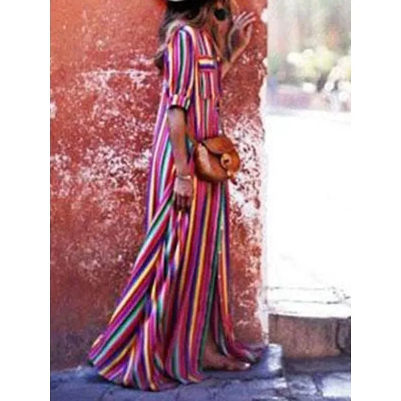 Tinaa Bohemia Striped Women's Dresses 2025 Casual Loose Fit Lapel Short Sleeve Button Down Holiday Vacation Long Dress 178054
