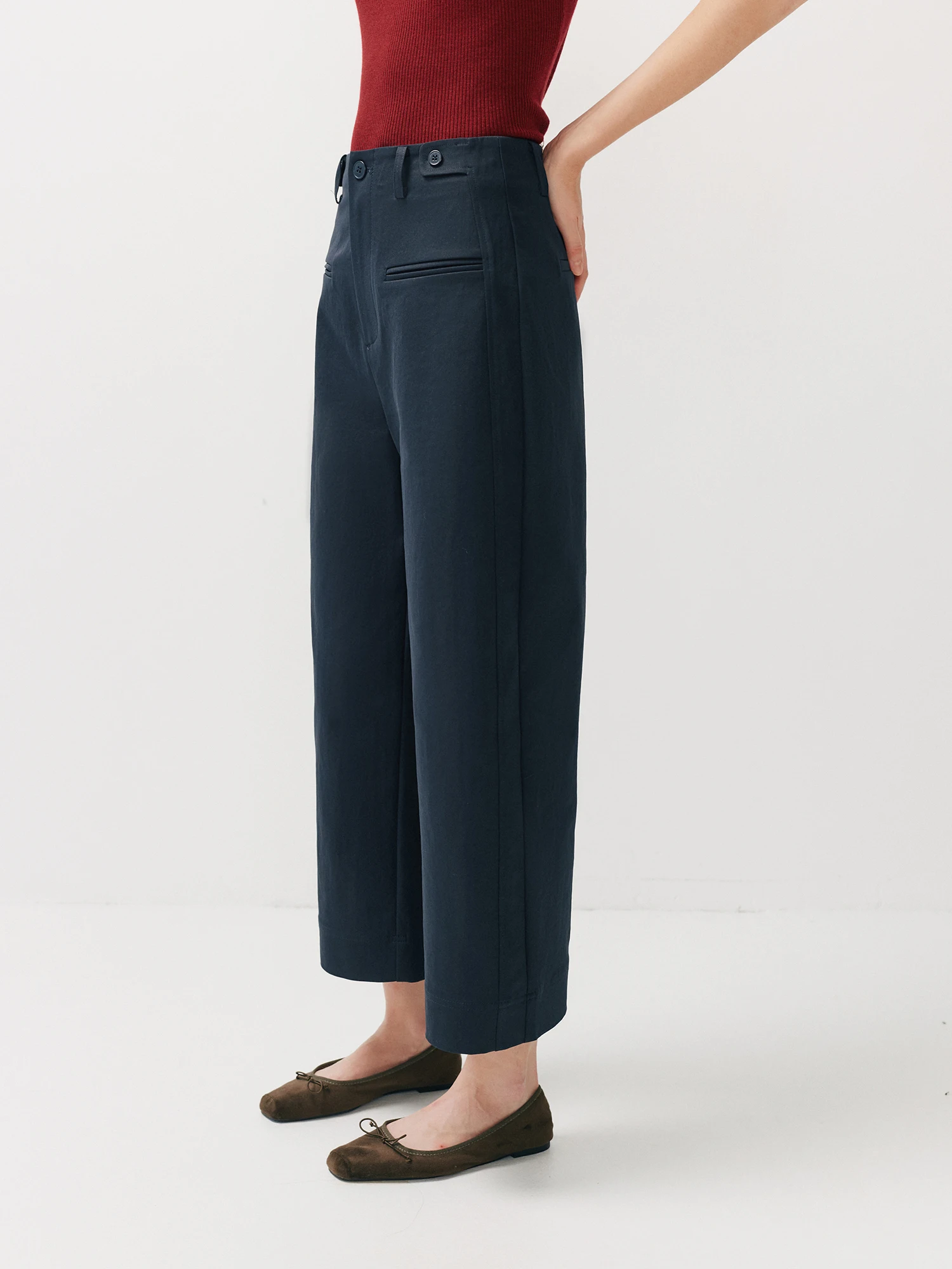 Anti-Wrinkle Easy-Maintain Diagonal Nine-Piece Pants Loose Straight Casual Trousers for Short Women Natural Waist Button Clos...