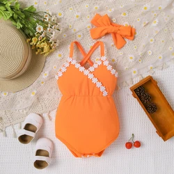 Spring Summer Girls  Bodysuit Hanging Strap Embroidered Lace Wrapped  Waist Triangle Climbing Suit Newborn Baby Romper Set