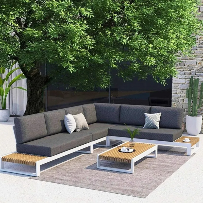 Outdoor solid wood sofa Open-air balcony Hotel B & B garden Aluminum alloy waterproof, sunscreen and anti-corrosion leisure furn