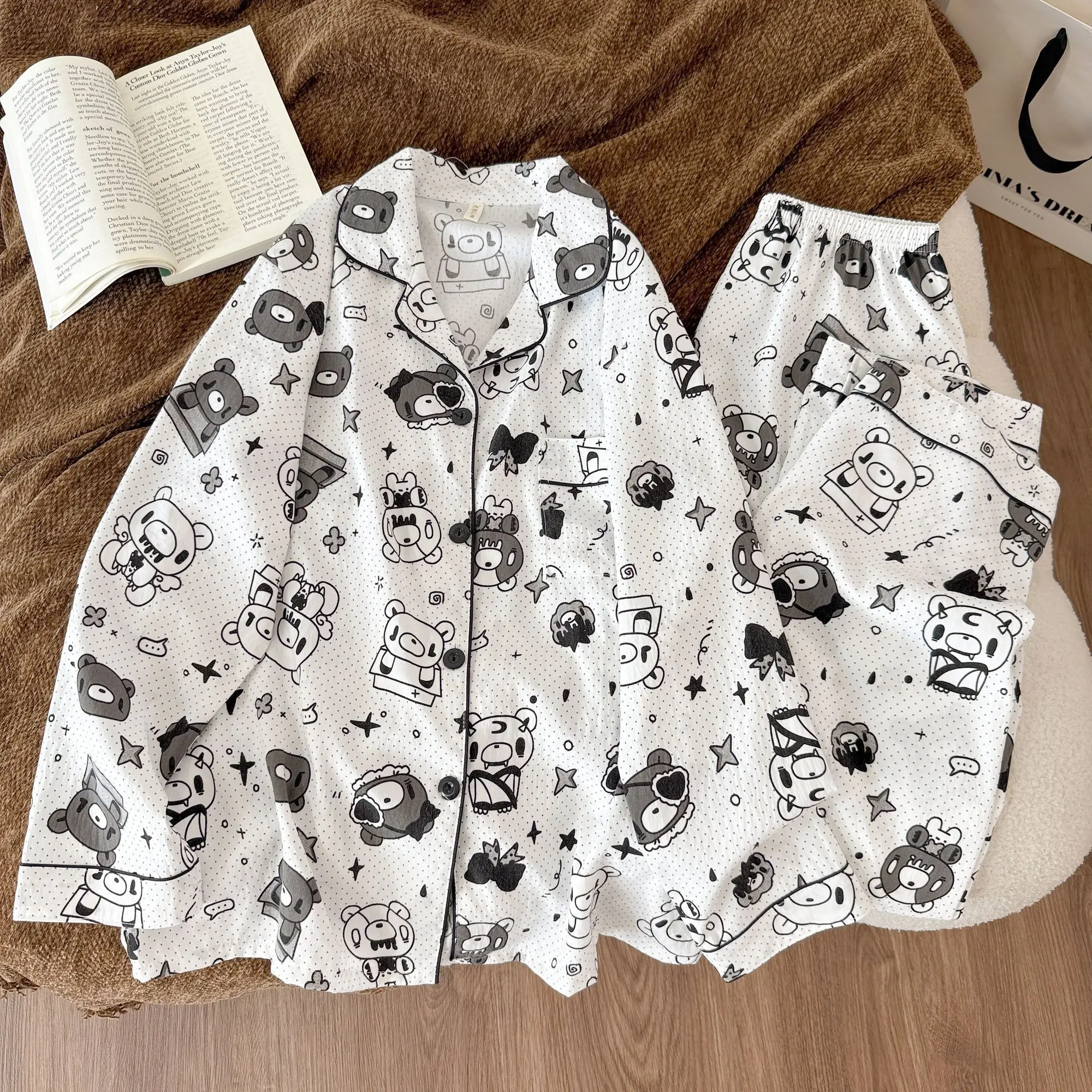 Anime 2Pcs Y2K Women's Gloomy Bear Sleepwear Spring Autumn Long Sleeved Pants Loose Kawaii Cartoon Girls Home Clothes Set Gifts