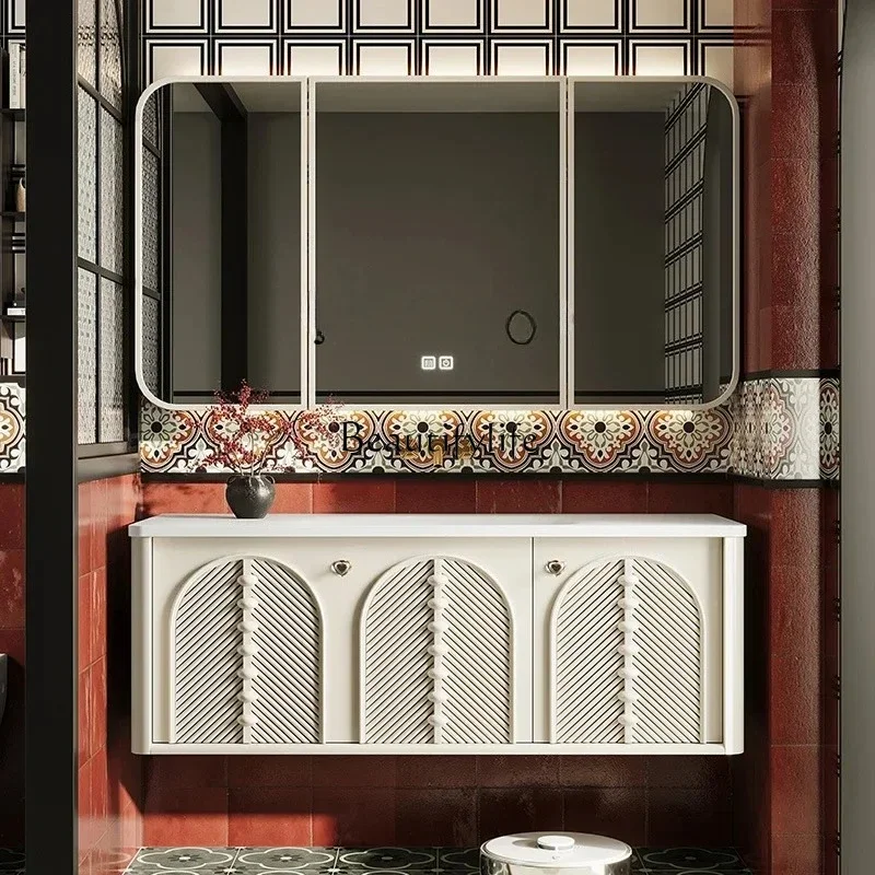 

FG17bathroom cabinet combination cream wind rock slab hot bending washstand hand washbasin cabinet