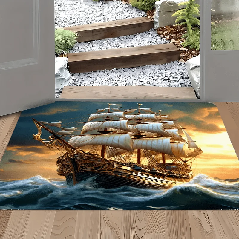 3D Sailing Ship Doormat, Vintage Ocean Wave Floor Rug, Non-Slip Nautical Welcome Mat for Entryway Porch Home Decor Gift