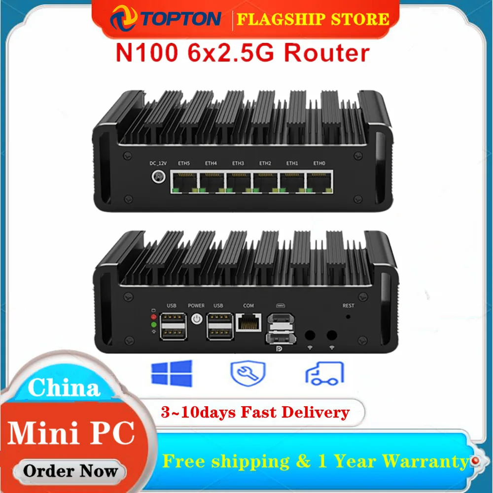 

6x2.5G 12th Gen Firewall Router Intel N100 i226-V Fanless Mini PC DDR5 NVMe RJ45 COM Industrial Computer pfSense OPNsense PVE