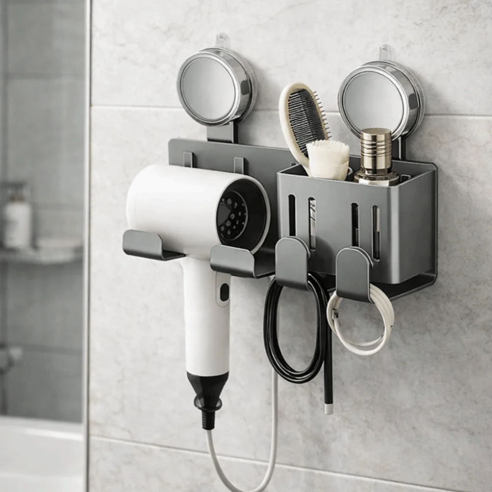 Carbon Steel Suction Cup Hair Dryer Holder No-Drill Wall Mounted Blow Dryer Hanger Large Capacity Space Saving