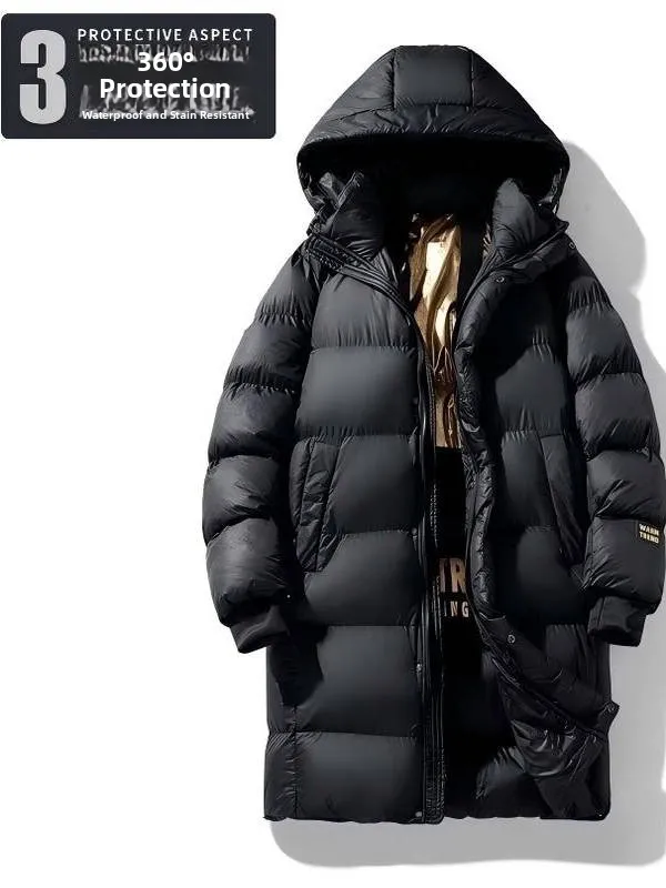 

Мужское теплое пуховое пальто средней длины с капюшоном, осень-зима, черное золотое хлопковое пальто, ветрозащитное водонепроницаемое молодежное пальто