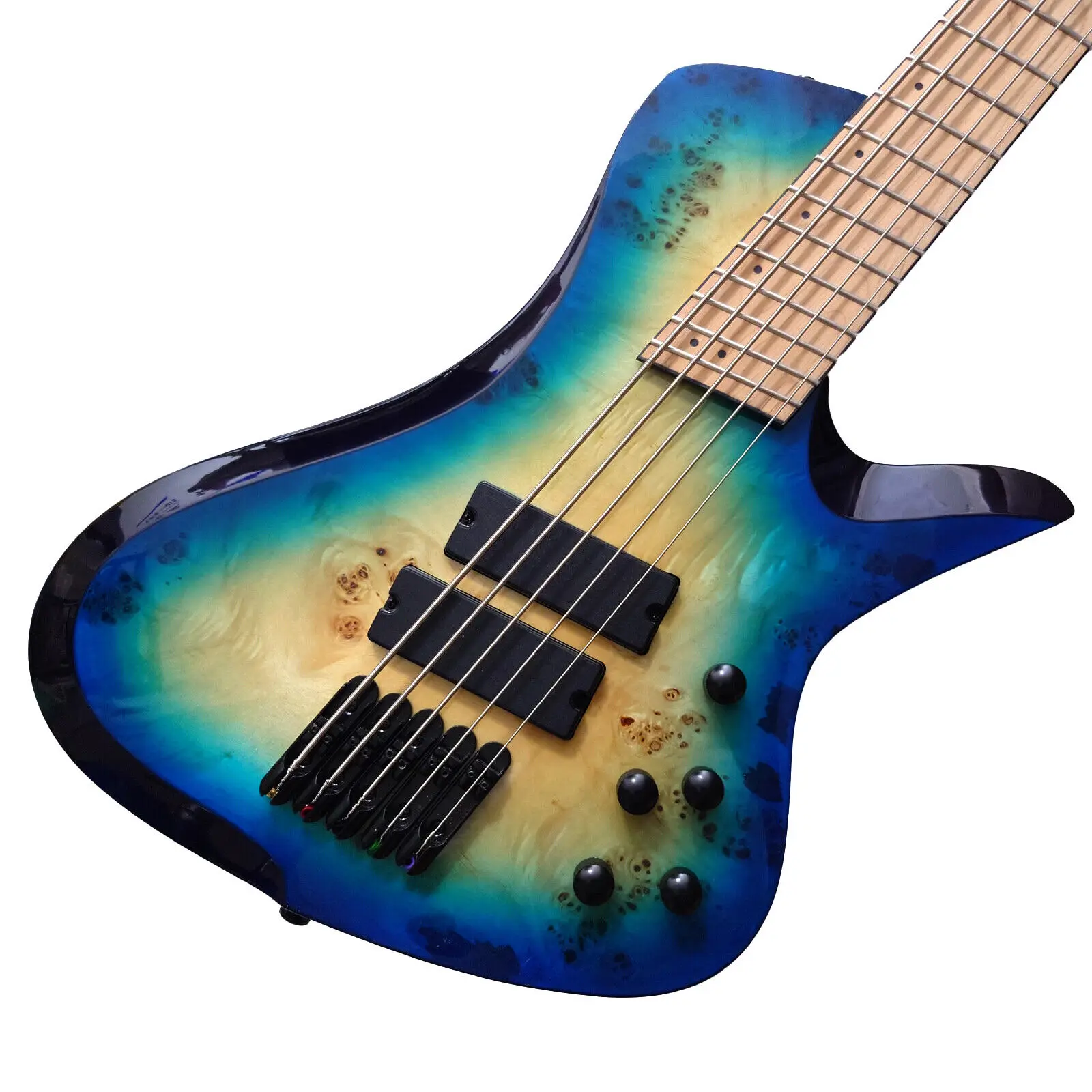 Fanned Fret 5 string Electric Bass Guitar Blue Burl Burst Quilt Maple Top Roasted Maple Neck