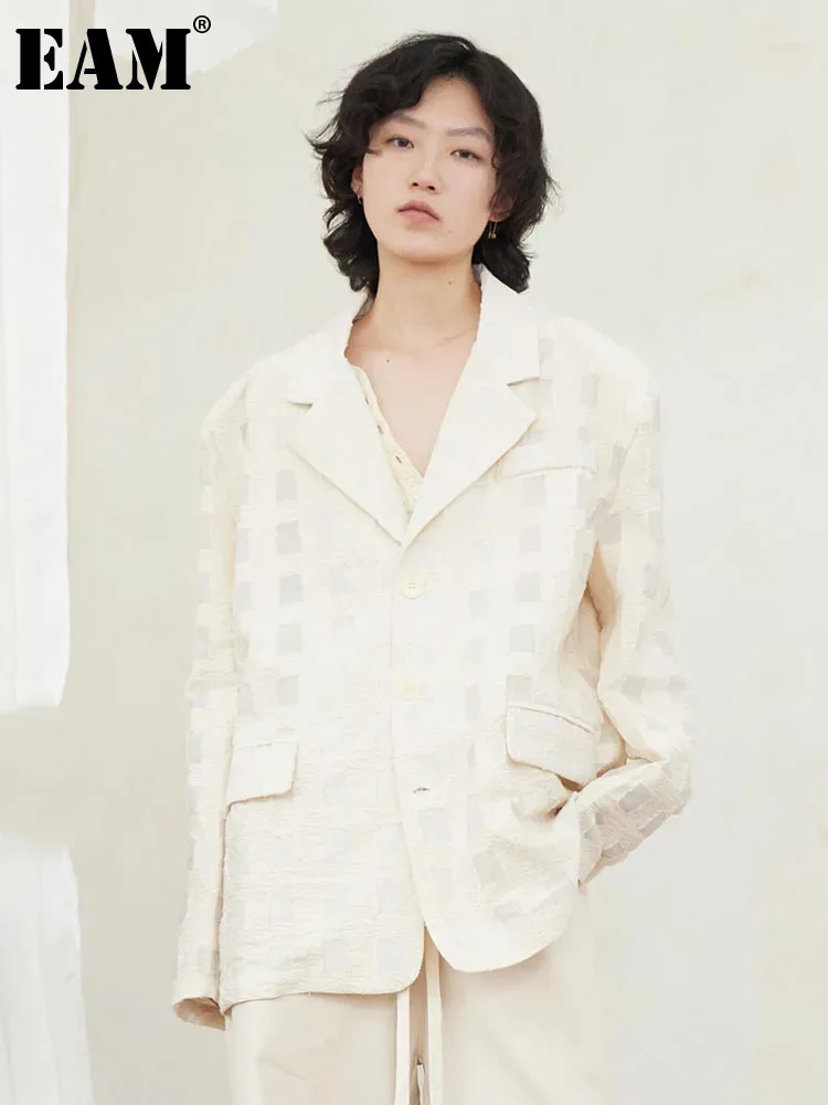 

Женский блейзер с отложным воротником EAM, Бежевый Прозрачный свободный пиджак с длинным рукавом, весна-осень 2024