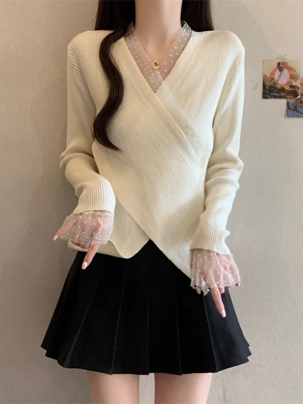 

plus Size Women's V-Neck Polka Dot Lace Long Sleeve Knitted Top Slimming Asymmetrical Base Shirt Korean Style Slim Fit Knitwear