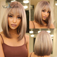 ALAN EATON Short Bob Synthetic Wigs with Bangs Ombre Brown Blonde Wigs for Women Straight Cosplay Party Wig Heat Resistant Hair