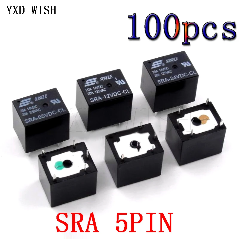 

100pcs Relays SRA-05VDC-CL SRA-12VDC-CL SRA-24VDC-CL Power Relay 5 Pin DC 5V 12V 24V 10A 250VAC 5PIN Black Automobile Relay