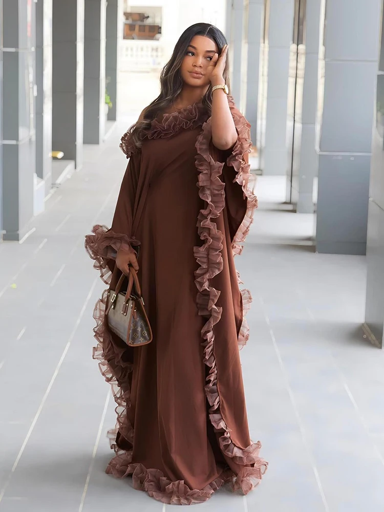 Elegant High-Quality African Brown Cotton Silk Women's Long Robe Dress Traditional Muslim Attire for Travel Party