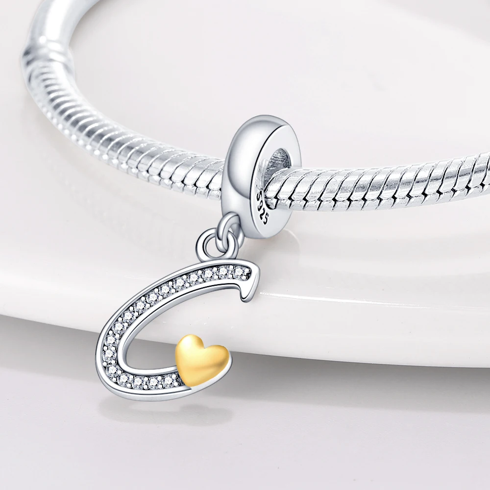 Fashion Silver-Plated Golden Heart Shape 26 Letters Pendants Fit Qikaola 925 Original Bracelets DIY Birthday Jewelry Gifts