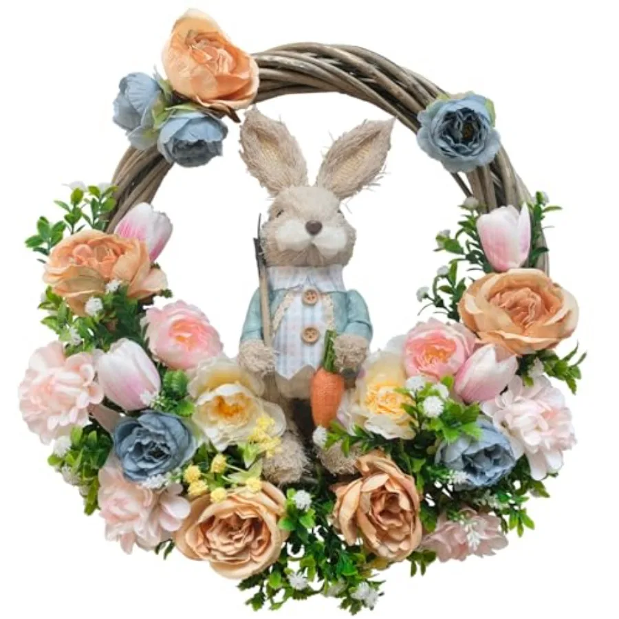 

16-дюймовый весенний пасхальный венок с искусственным пасхальным кроликом для входной двери, декор для фермерского дома с шелковыми тюльпанами и розами G