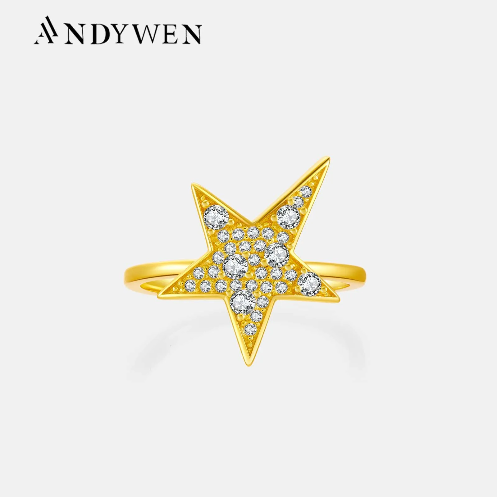 ANDYWEN 100% 925 Sterling Silver Gold Full Zircon Star Size Ring Women Large Big Women Rock Punk Party Jewelry Party Fine Jewels