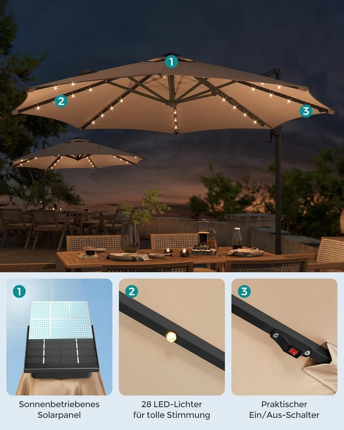 Freitragender Sonnenschirm, 300 cm, 28 Solar-LED-Leuchten, UPF 50+, Gartenschirm, 360 °   Drehbar,