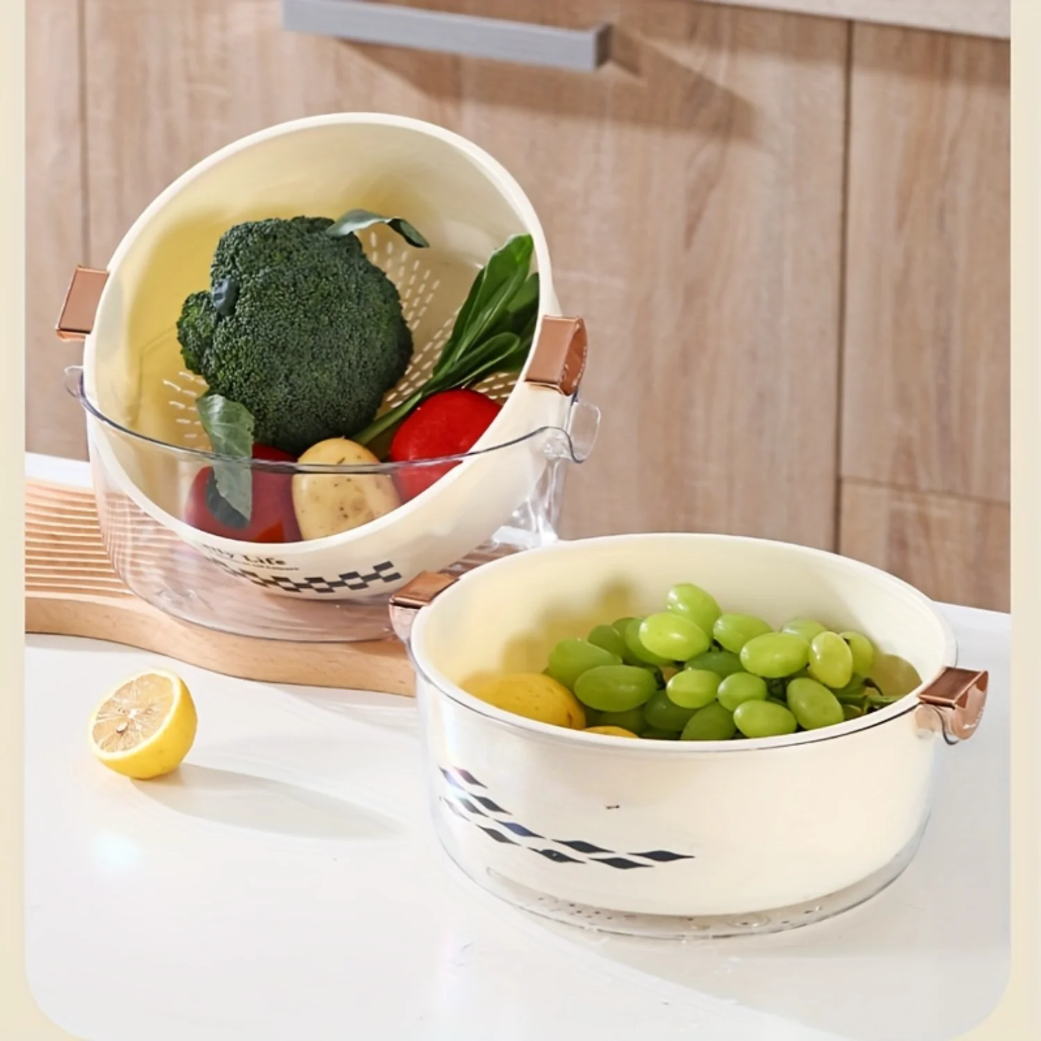 Double Layer Filter Basket - PET Material for Washing, Rinsing, and Storing Kitchen Fruit and Vegetable Water Filter Bowl