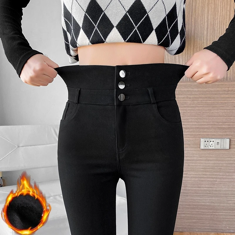 High Waist 3-Button Black Leggings Women Jeans Winter Fleece Lined Stretchy Skinny Pants Slim Thermal Trousers Warm Base Layer